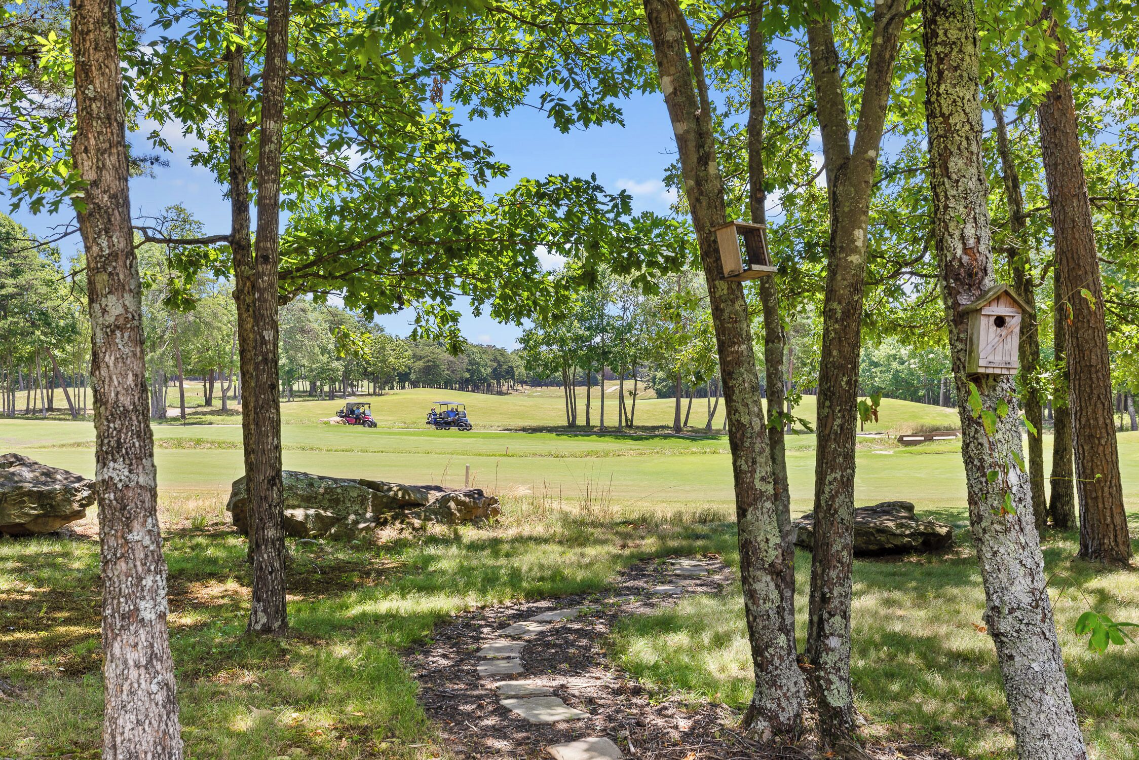 A golf course with trees, a path, and a birdhouse.