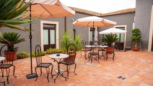 Un patio al aire libre con suelo de baldosas, sillas de metal, mesas redondas y plantas en macetas.