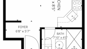 A floor plan with a bedroom measuring 14'10' x 15'6', a kitchen of 8'2' x 8'5', a foyer of 6'8' x 5'7', and a bathroom of 7'10' x 4'0'.