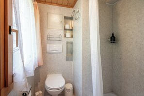 A bathroom with a toilet, a shower, and a sink. - Refined Alpine Comfort, Wallis 1082 (Wallis)