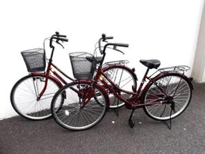 Two bicycles parked against a wall.