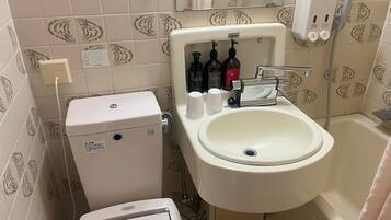 Combined shower/tub, hair dryer, slippers, towels