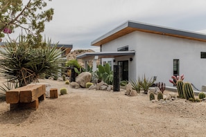 Ein modernes Gebäude mit minimalistischem Design, umgeben von einem Wüstenpflanzen-Garten mit verschiedenen Kakteen und Sukkulenten.