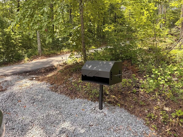 A mailbox in a wooded area with gravel path.