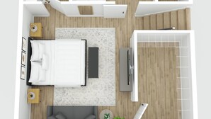 A 2-bedroom apartment with a bathroom, kitchenette, and a living area.