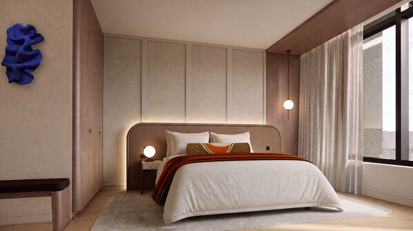 A modern bedroom with a large bed, a nightstand with a lamp, and a view of the city through a large window. - Crystalbrook Sam (Adelaide)