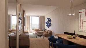 A modern hotel room with a living area, a dining space, and a large window offering a city view. - Crystalbrook Sam (Adelaide)