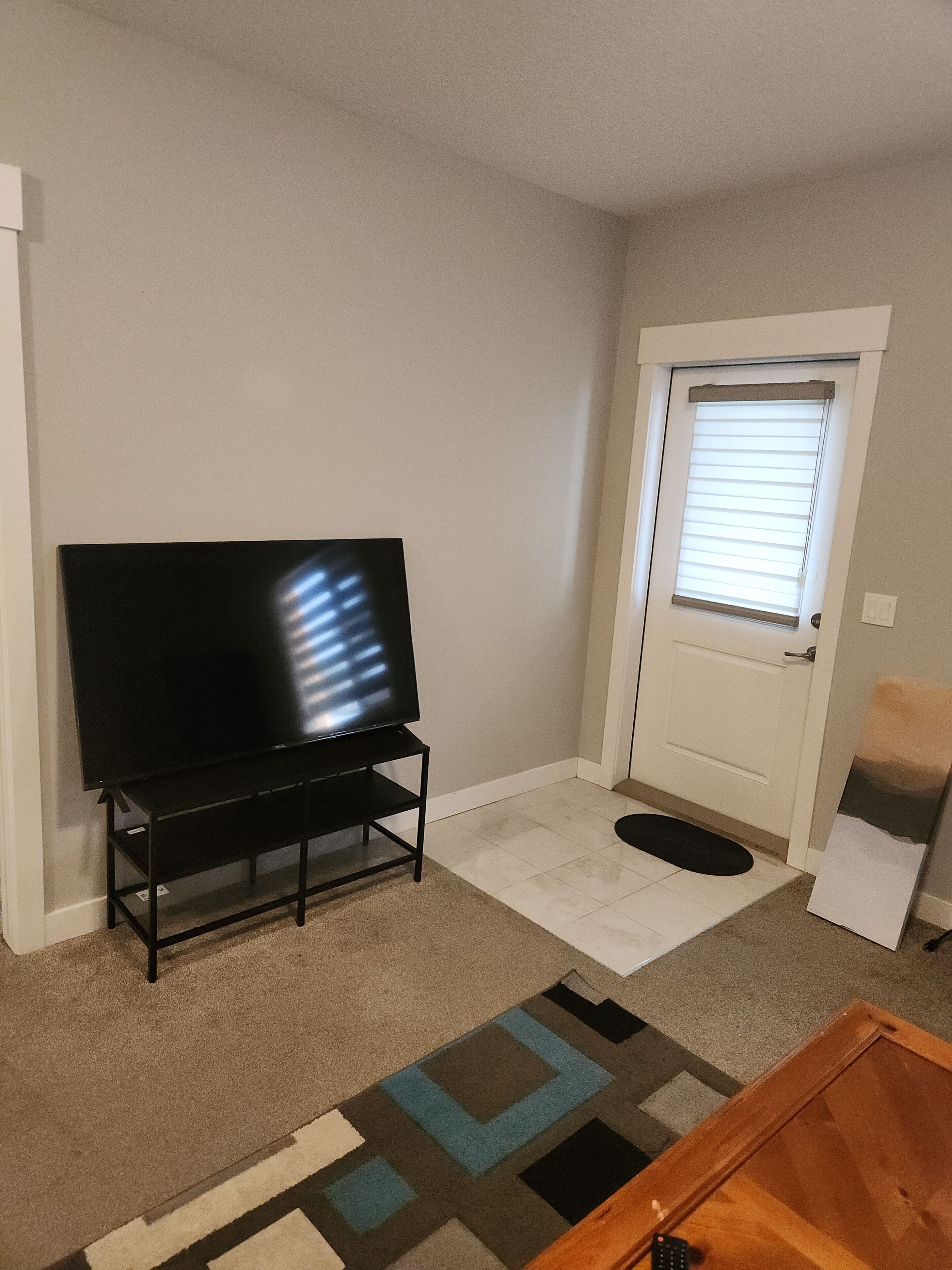 A living room with a flat-screen TV on a stand, a door with a window, a doormat, and a patterned rug.