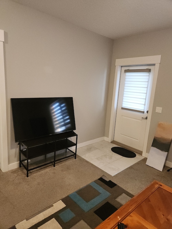 A living room with a flat-screen TV on a stand, a door with a window, a doormat, and a patterned rug.