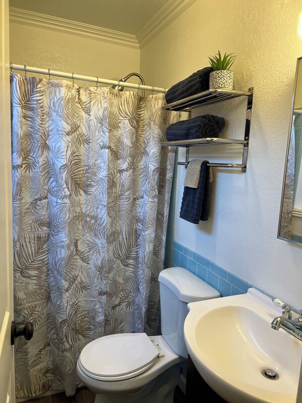 A bathroom with a toilet, sink, shower curtain, and towel rack. - The Bar House (Seligman)