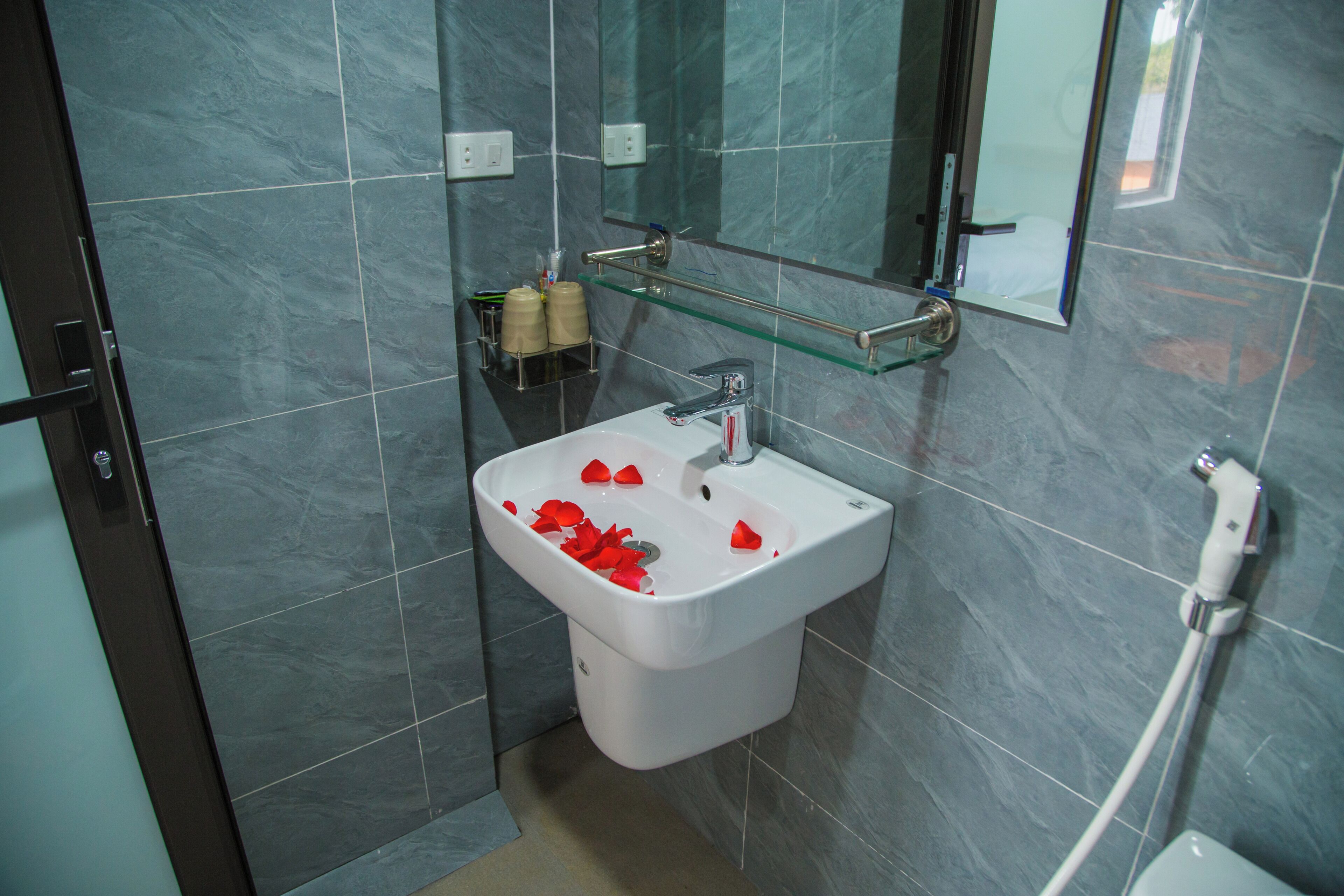 A bathroom with a white sink, a glass shelf above it, and a mirror above the shelf.