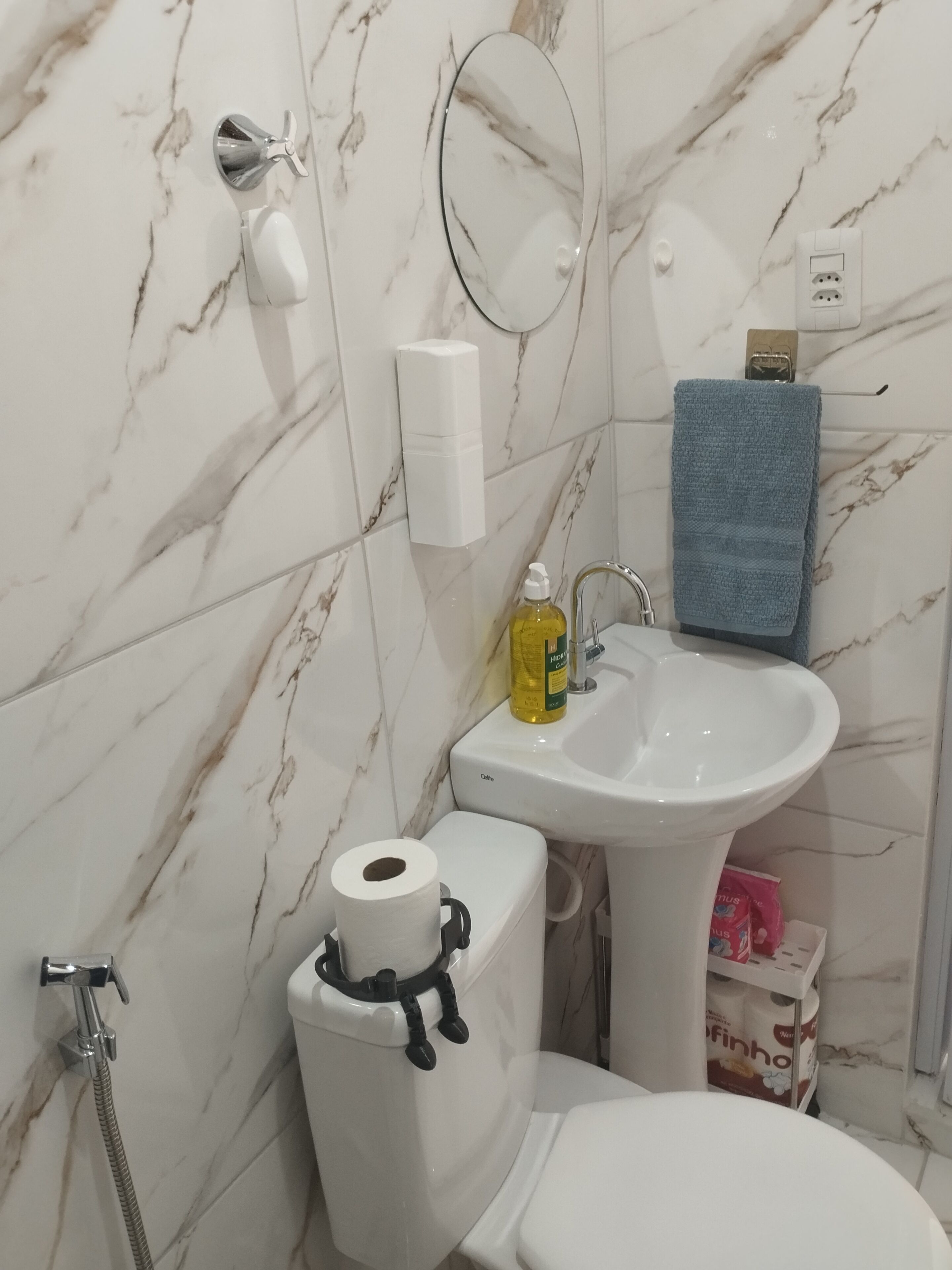 Toalhas de banho, sabonete, papel higiênico 