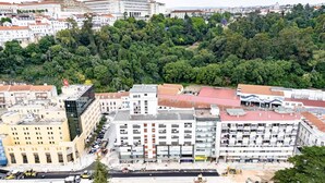 A cityscape with dense urban buildings, a road with construction, and a forested hill in the background. - Casas Da Alegria (Coimbra)