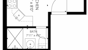 A floor plan with a bedroom measuring 15'1' x 13'9', a kitchen measuring 7'11' x 8'0', and a bathroom measuring 7'11' x 4'0'.