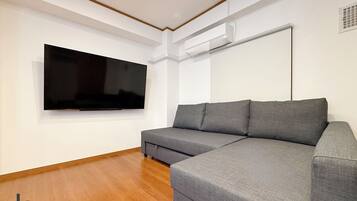A modern living room with a grey sofa, a flat-screen TV mounted on the wall, and wooden flooring.