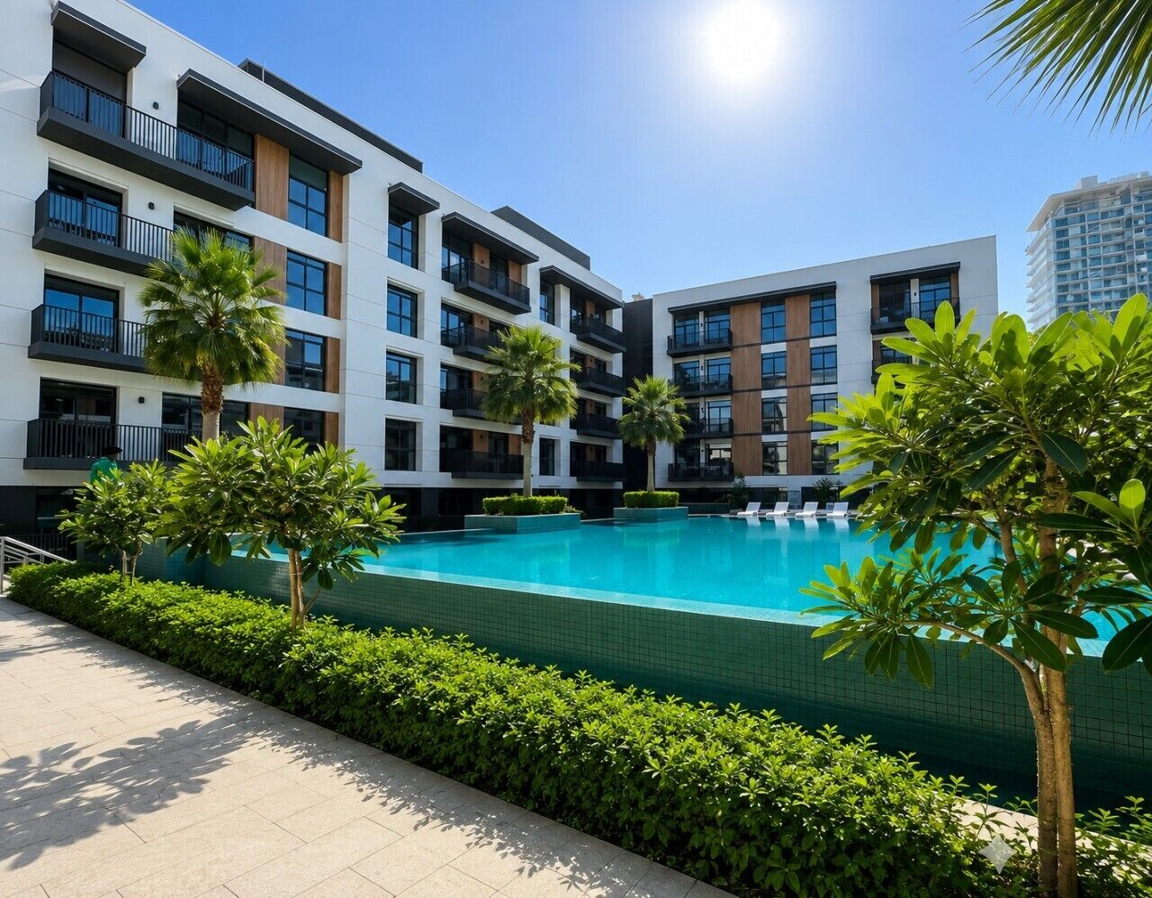 A modern apartment building with a swimming pool, surrounded by greenery and palm trees.