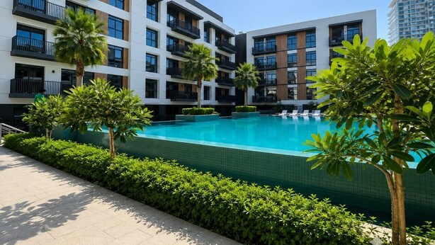 En moderne lejlighedsbygning med swimmingpool, omgivet af grøn vegetation og palmer.