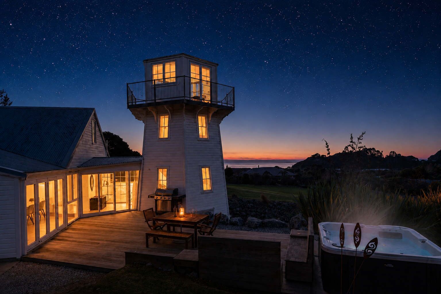 A lighthouse structure with a balcony, a patio with a table and chairs, and a hot tub.