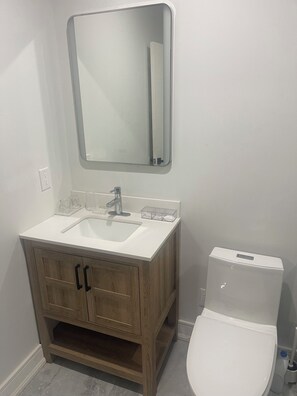 Une salle de bain avec un lavabo blanc, un meuble-lavabo en bois, un miroir et des toilettes blanches.