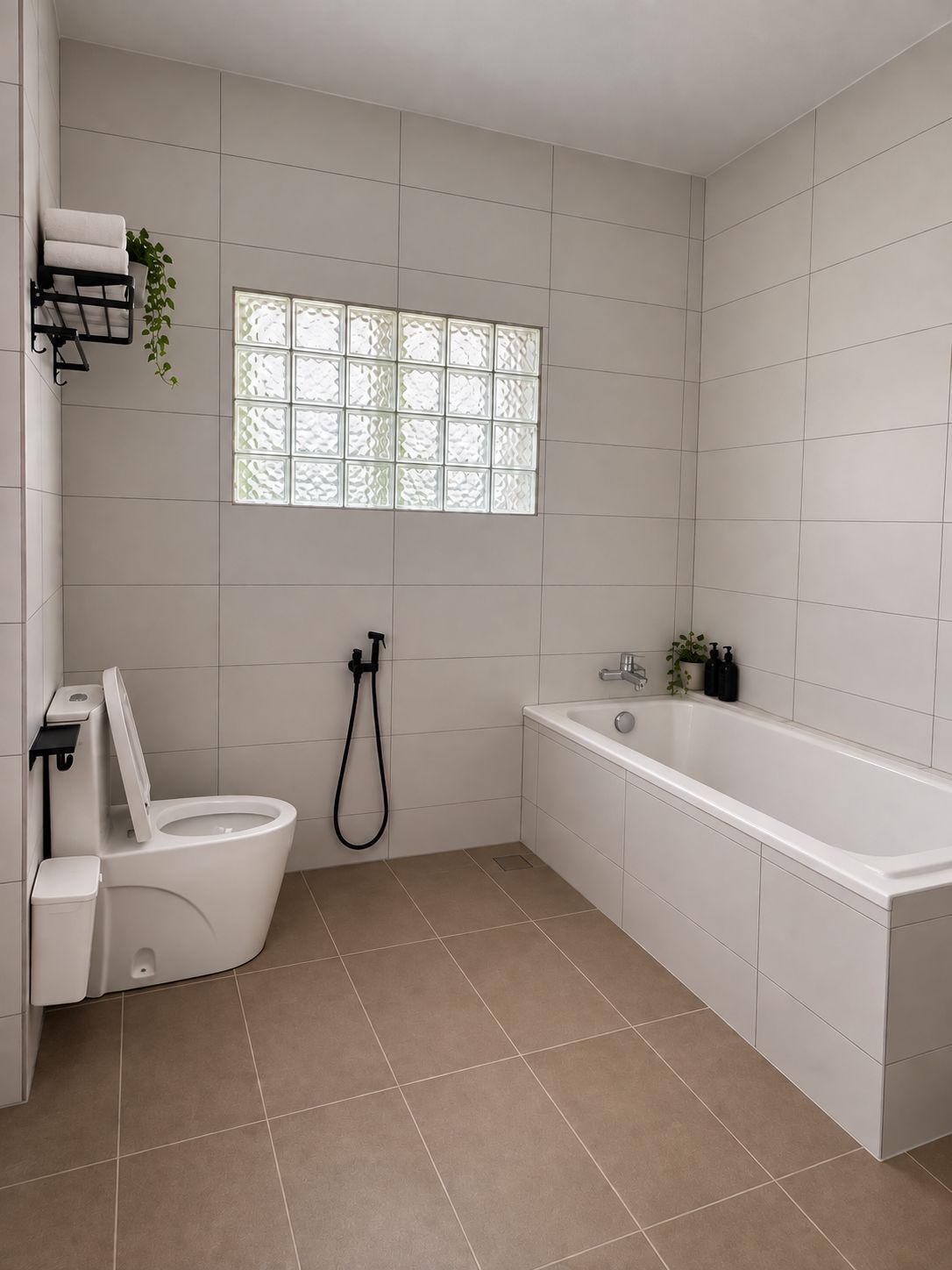 A modern bathroom with a toilet, bidet, and bathtub.