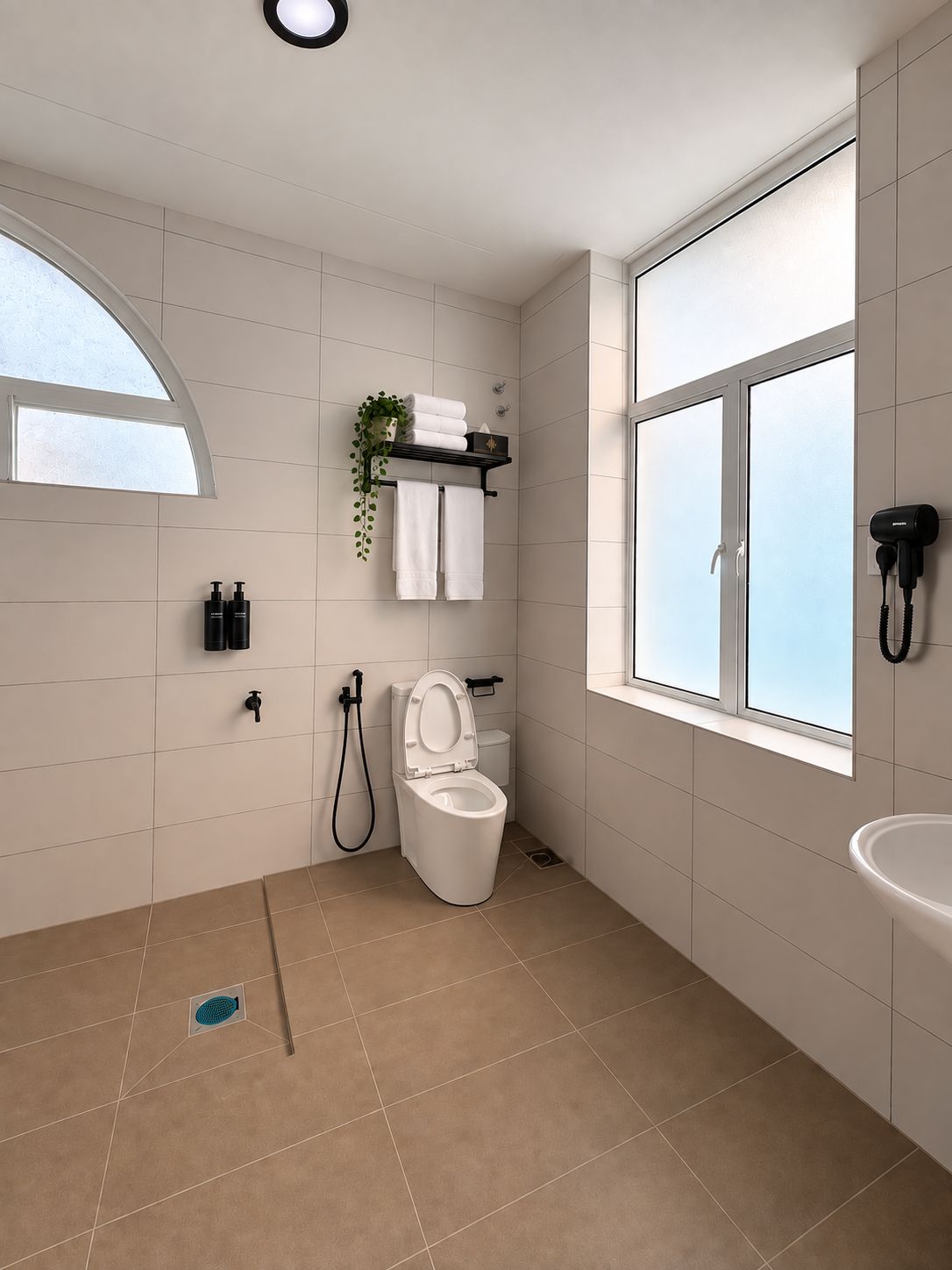 Un baño moderno con inodoro, lavabo y ventana.