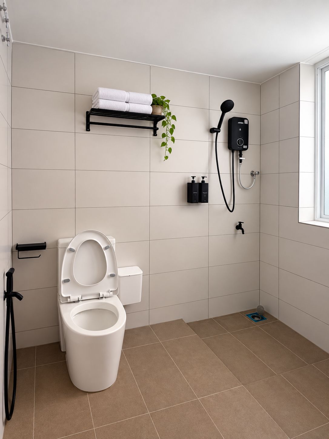 A modern bathroom with a toilet, a shower unit, and a shelf with toiletries.
