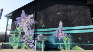 Ein Gebäude mit einem Wandgemälde aus violetten Blumen und geometrischen Mustern.