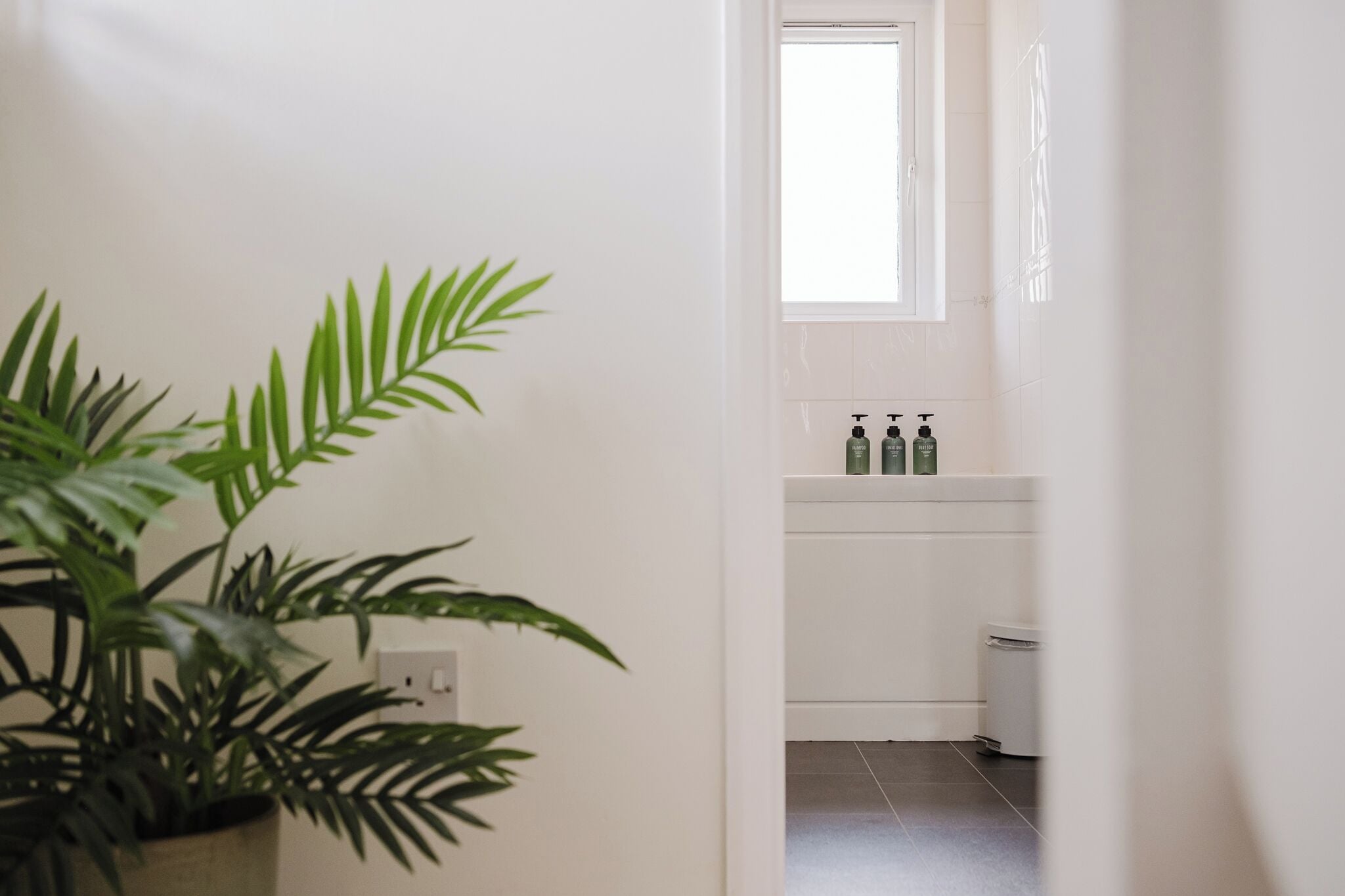 Une salle de bain avec un lavabo blanc, trois bouteilles de shampoing et une poubelle.