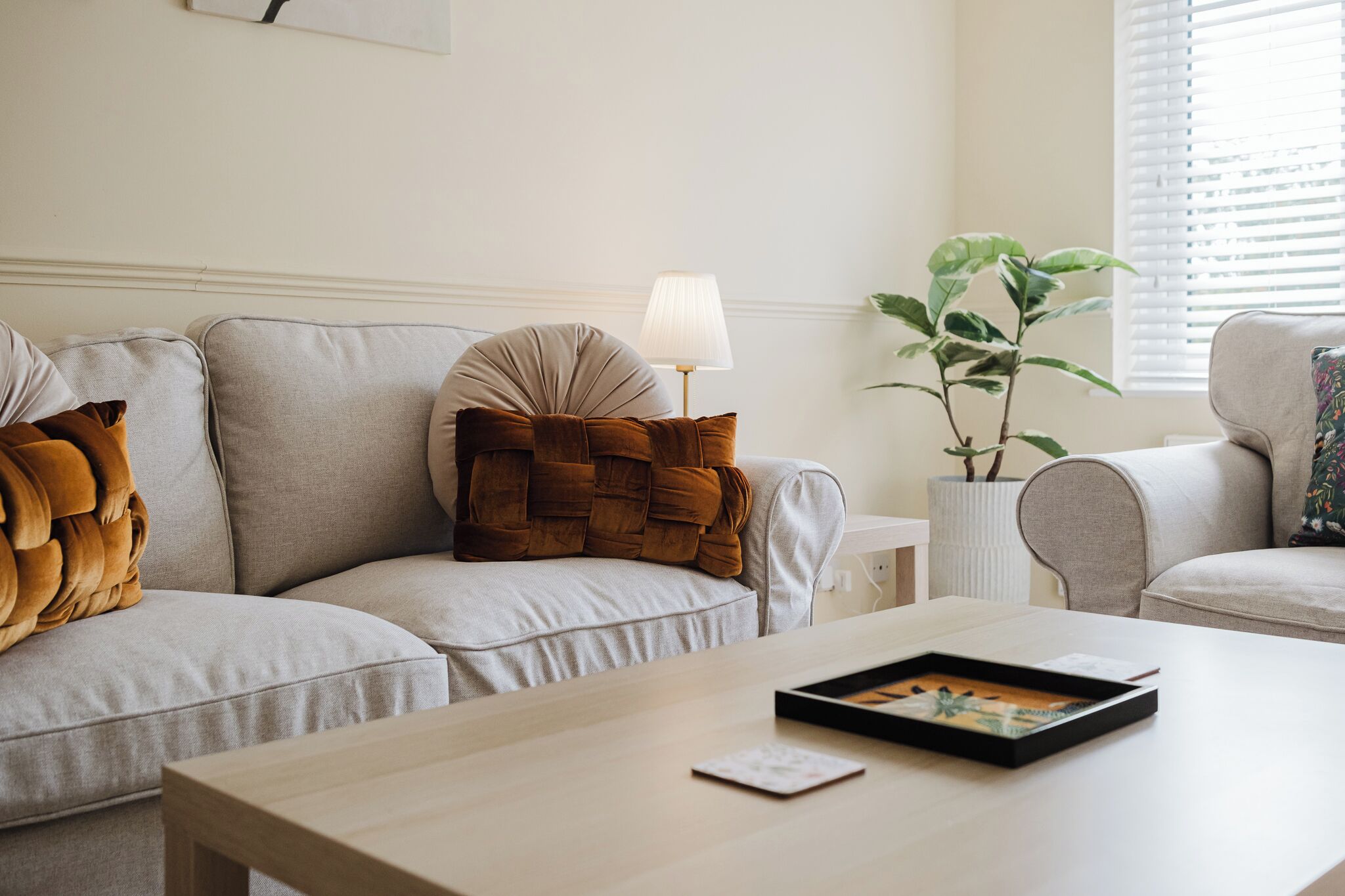 Ein Wohnzimmer mit Sofa, Couchtisch, Lampe und Topfpflanze.