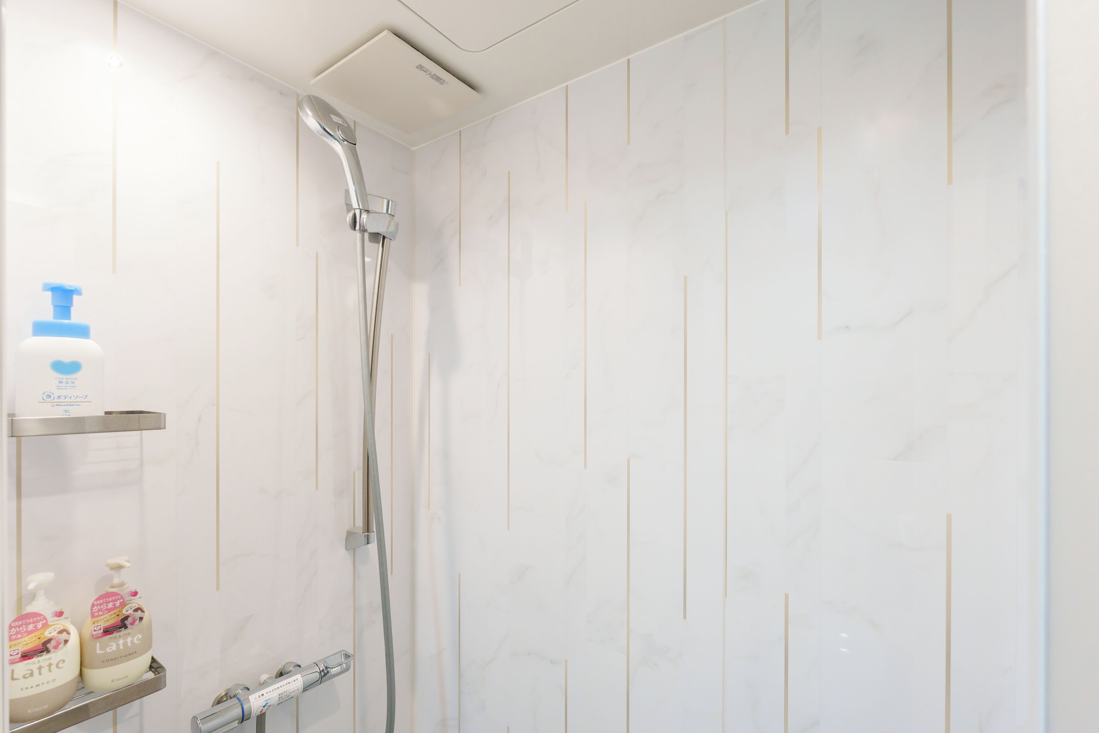 A bathroom with a shower, a soap dispenser, and a shampoo bottle on a shelf.