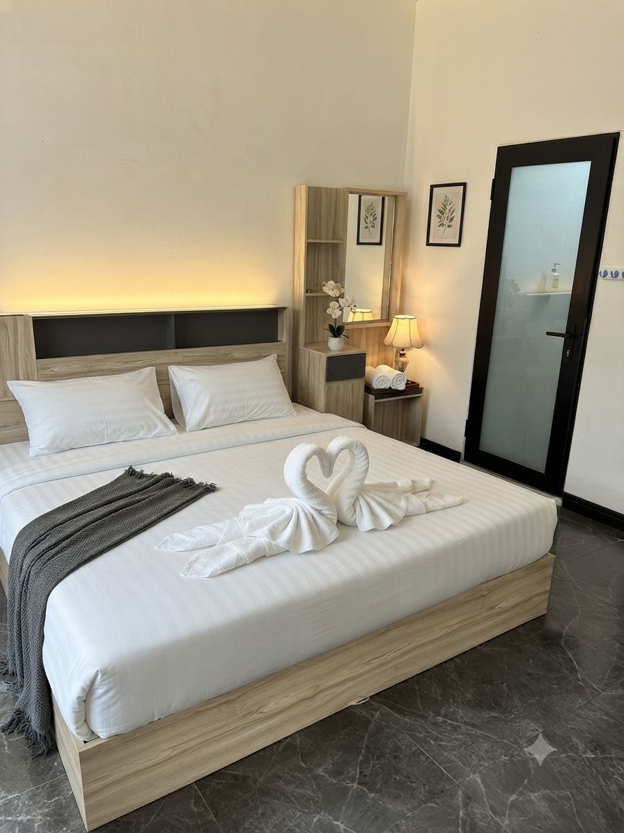 Una habitación de hotel con una cama grande, una mesita de noche con lámpara, un espejo y una puerta.