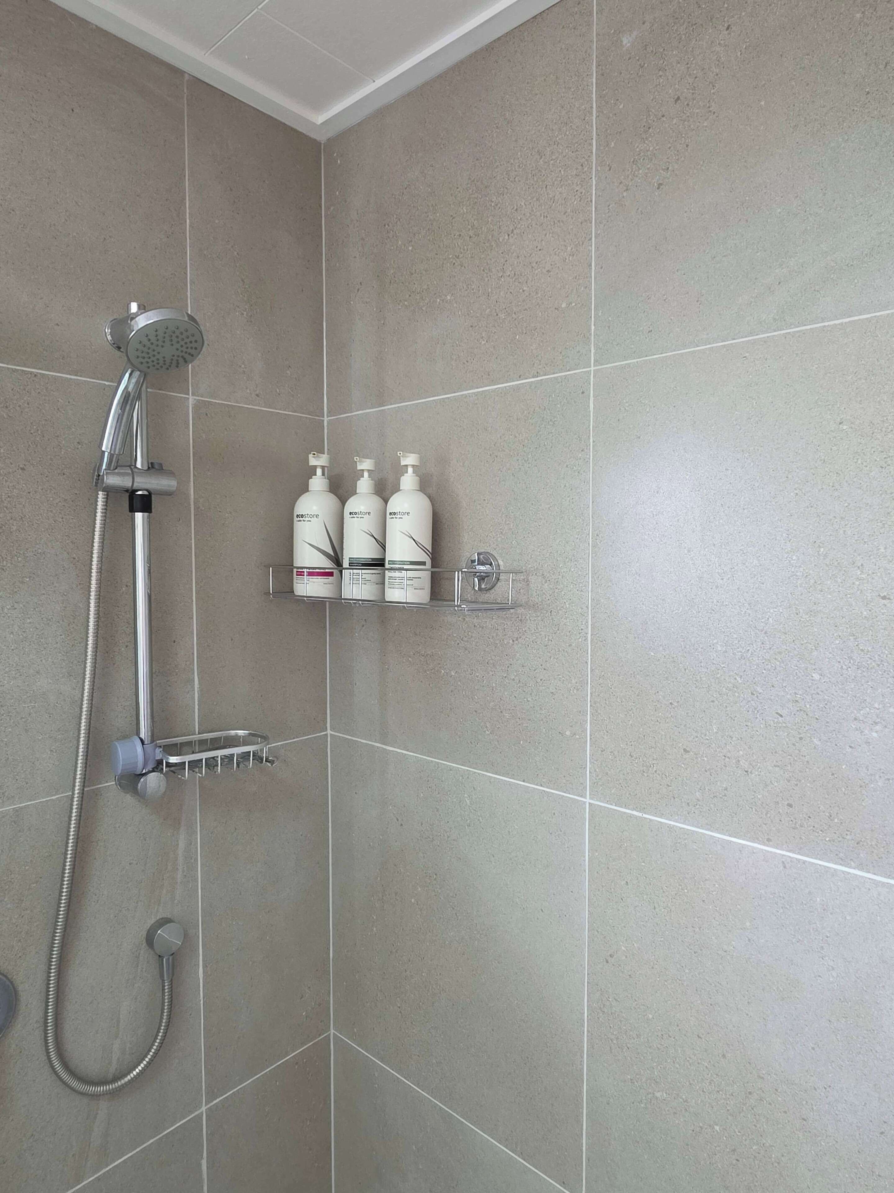 Shower, hair dryer, towels, shampoo
