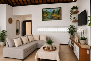 A living room with a sofa, a coffee table, a painting, and potted plants. - Roberto Villas, A Short Scooter Drive to The PadangPadang and Bingn Beach (Pecatu)