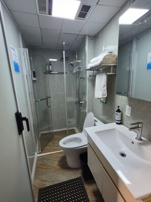 A modern bathroom with a glass-enclosed shower, a toilet, a sink with a mirror, and a towel rack.