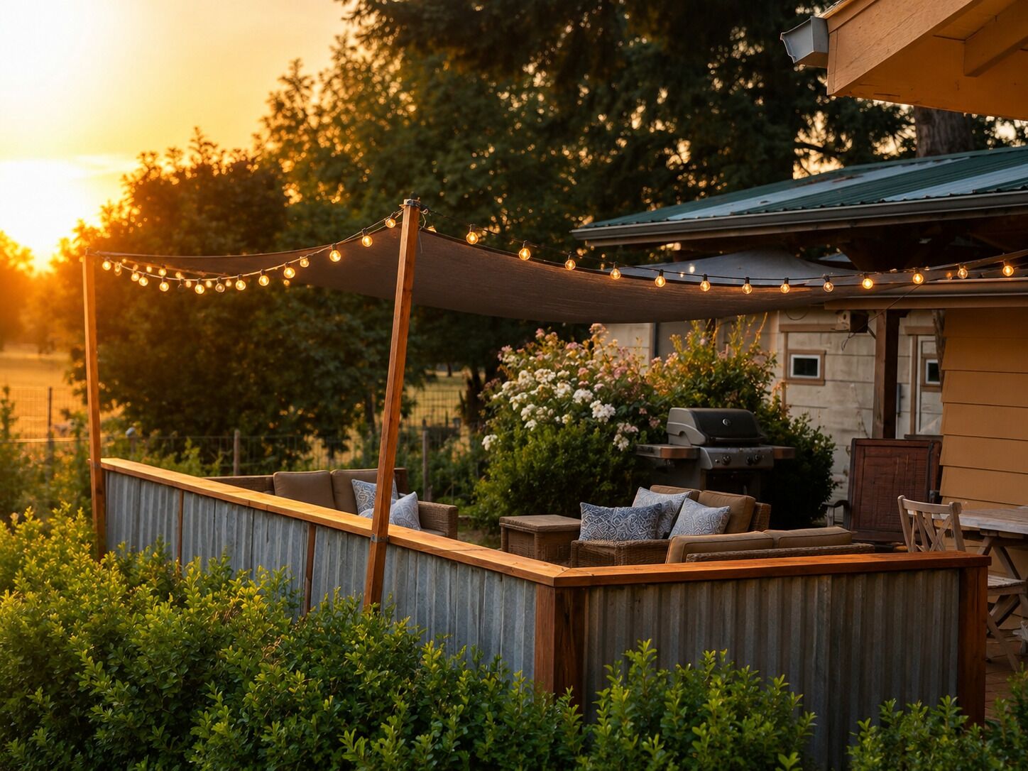 A covered outdoor seating area with a grill and string lights.