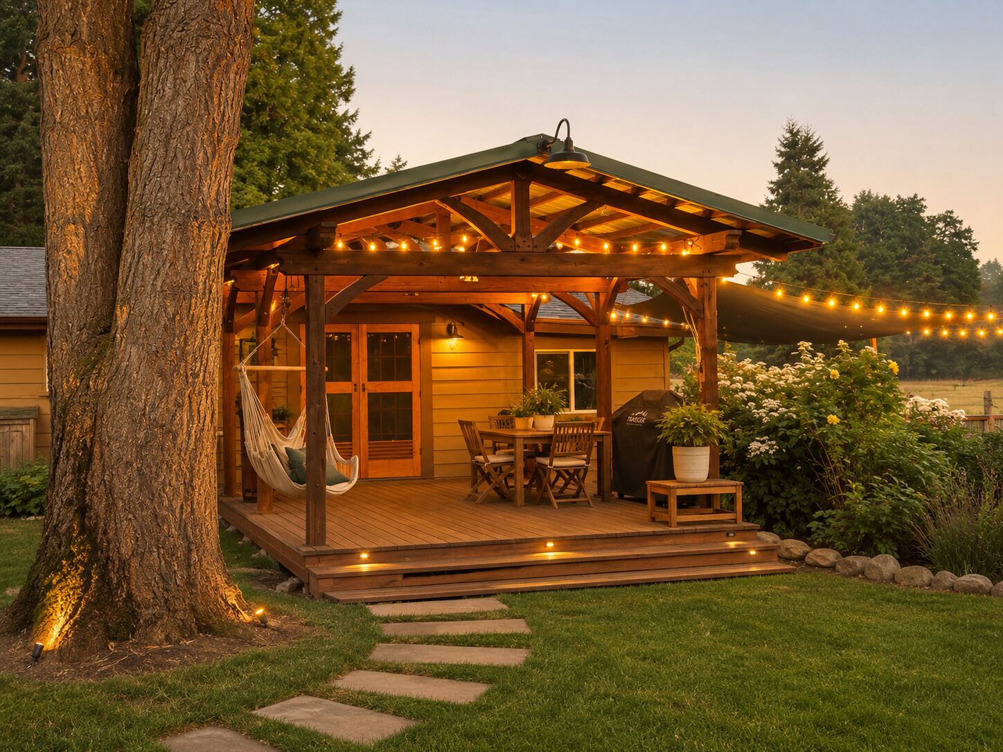 Eine Holzterrasse mit überdachtem Patio, einer Hängematte und Lichterketten.