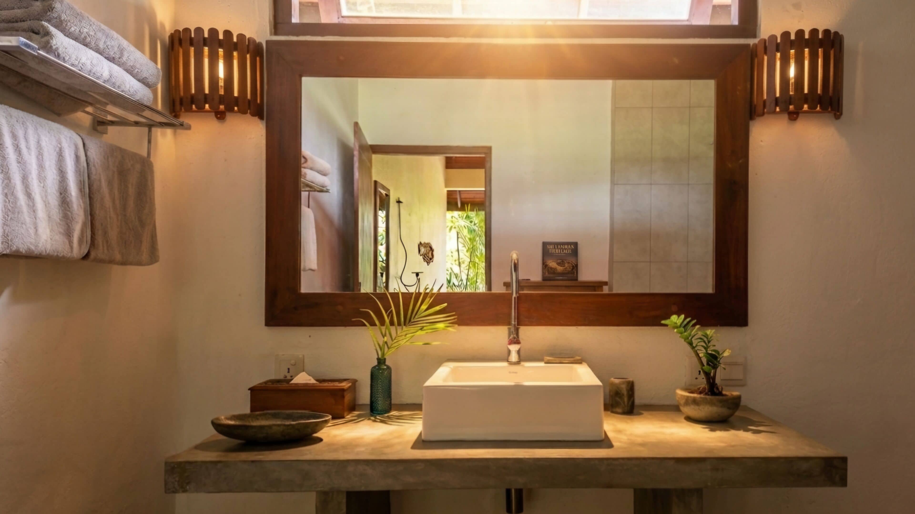 Un baño con un lavamanos rectangular, un espejo y un perchero para toallas.