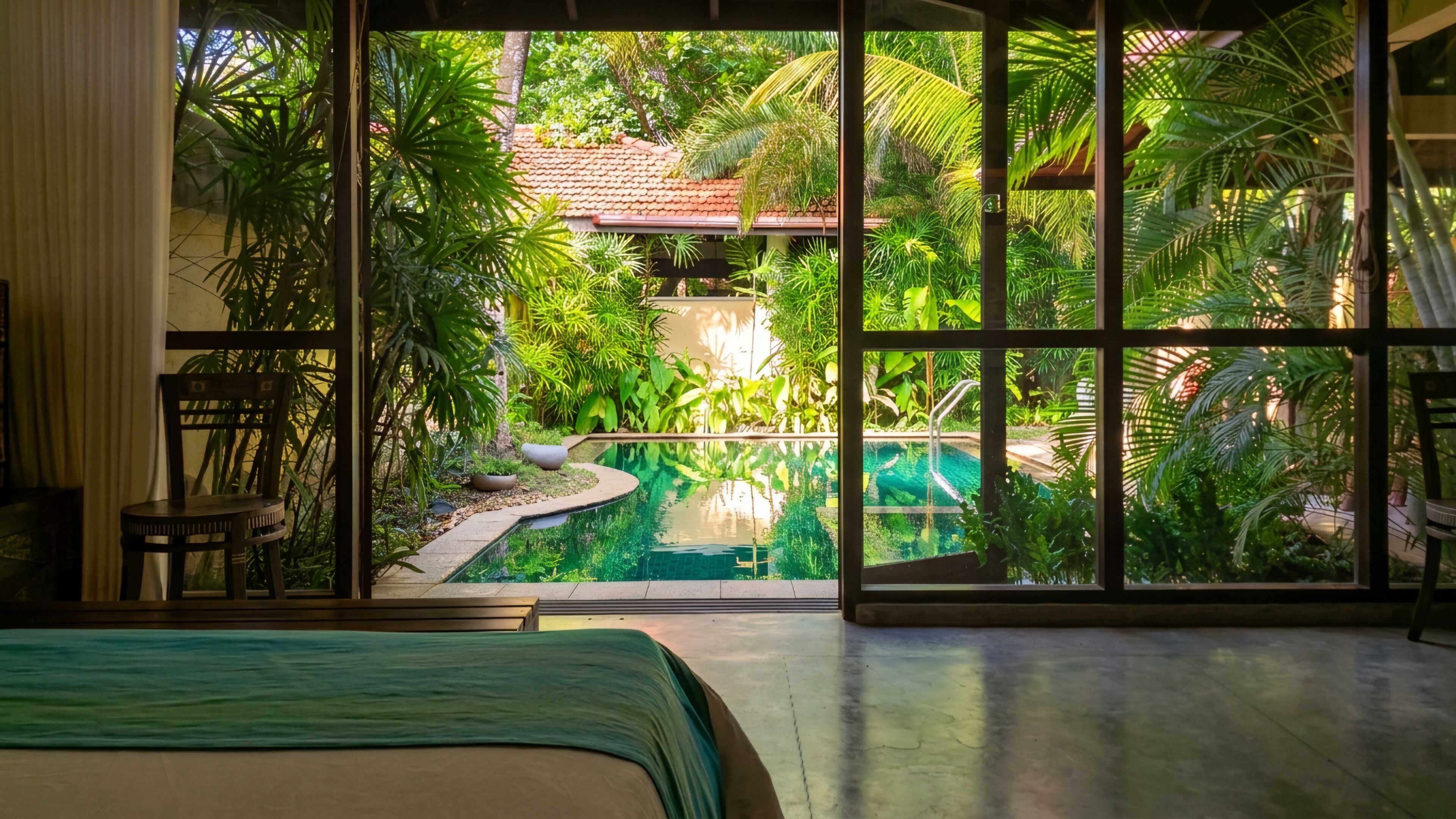 A room with a large window overlooking a swimming pool surrounded by lush greenery.