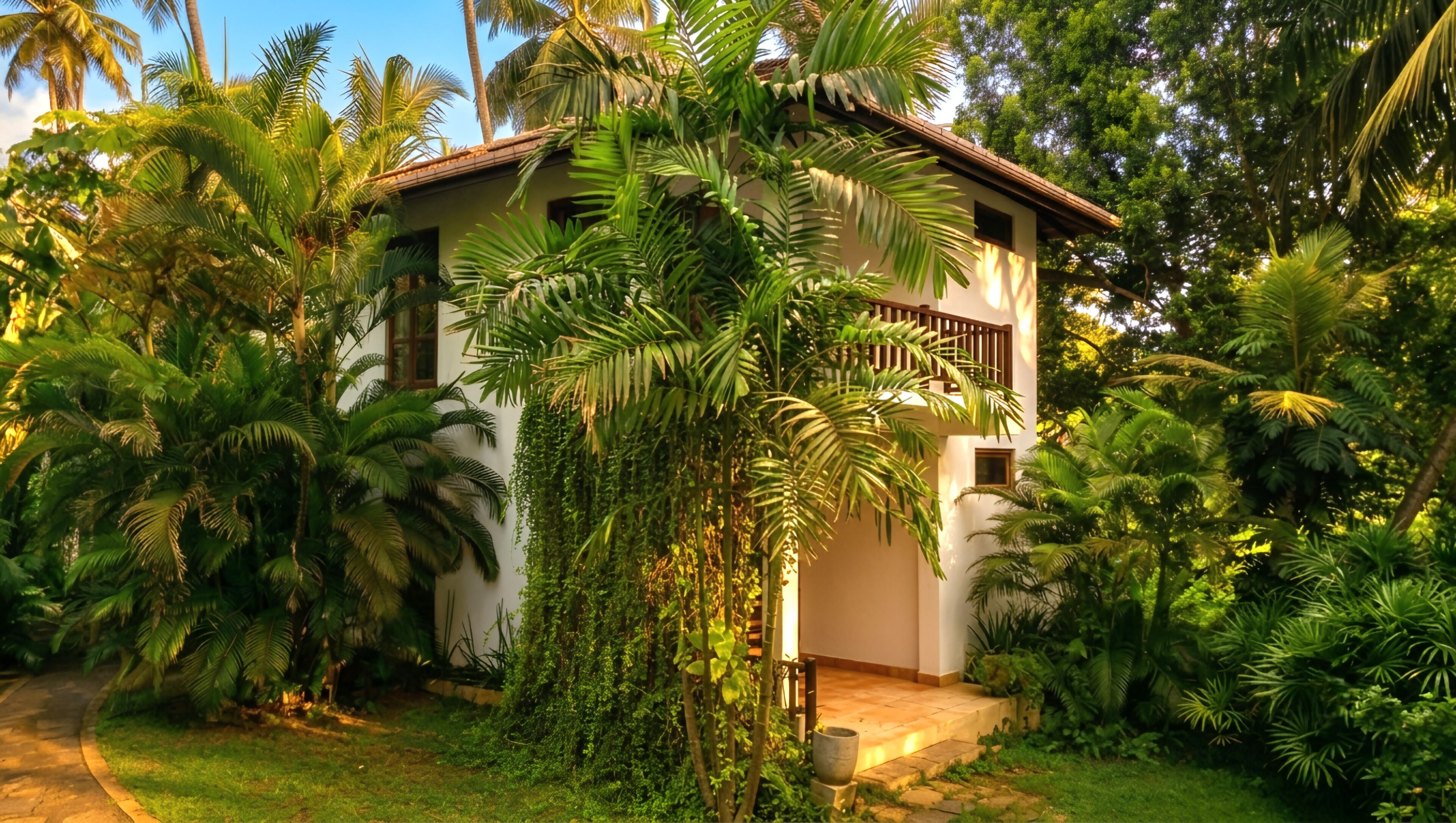 A two-story building with a balcony, surrounded by lush greenery and palm trees.