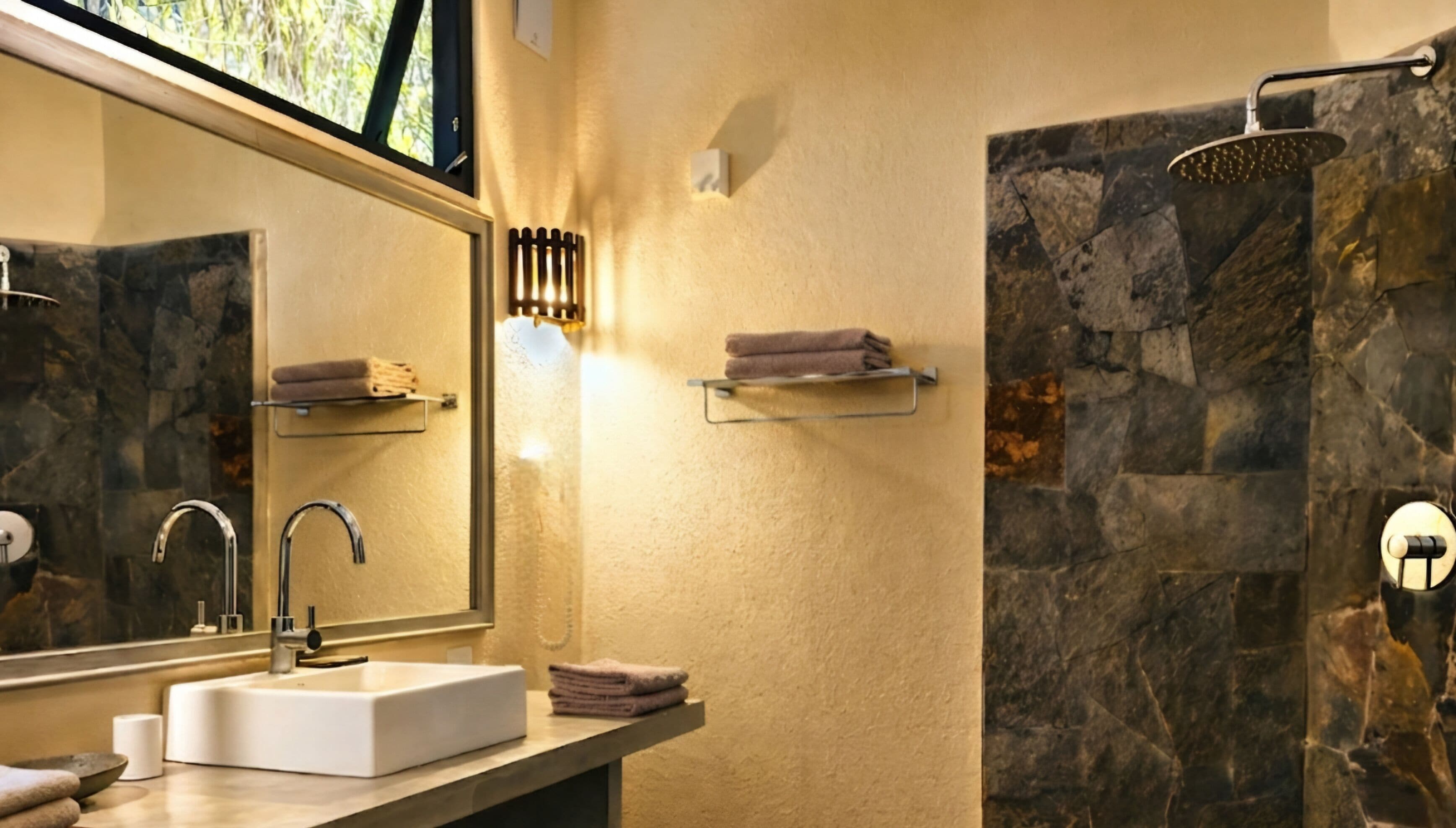 Shower, free toiletries, hair dryer, towels