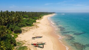A beach with clear turquoise waters, a sandy shore, and dense palm trees.