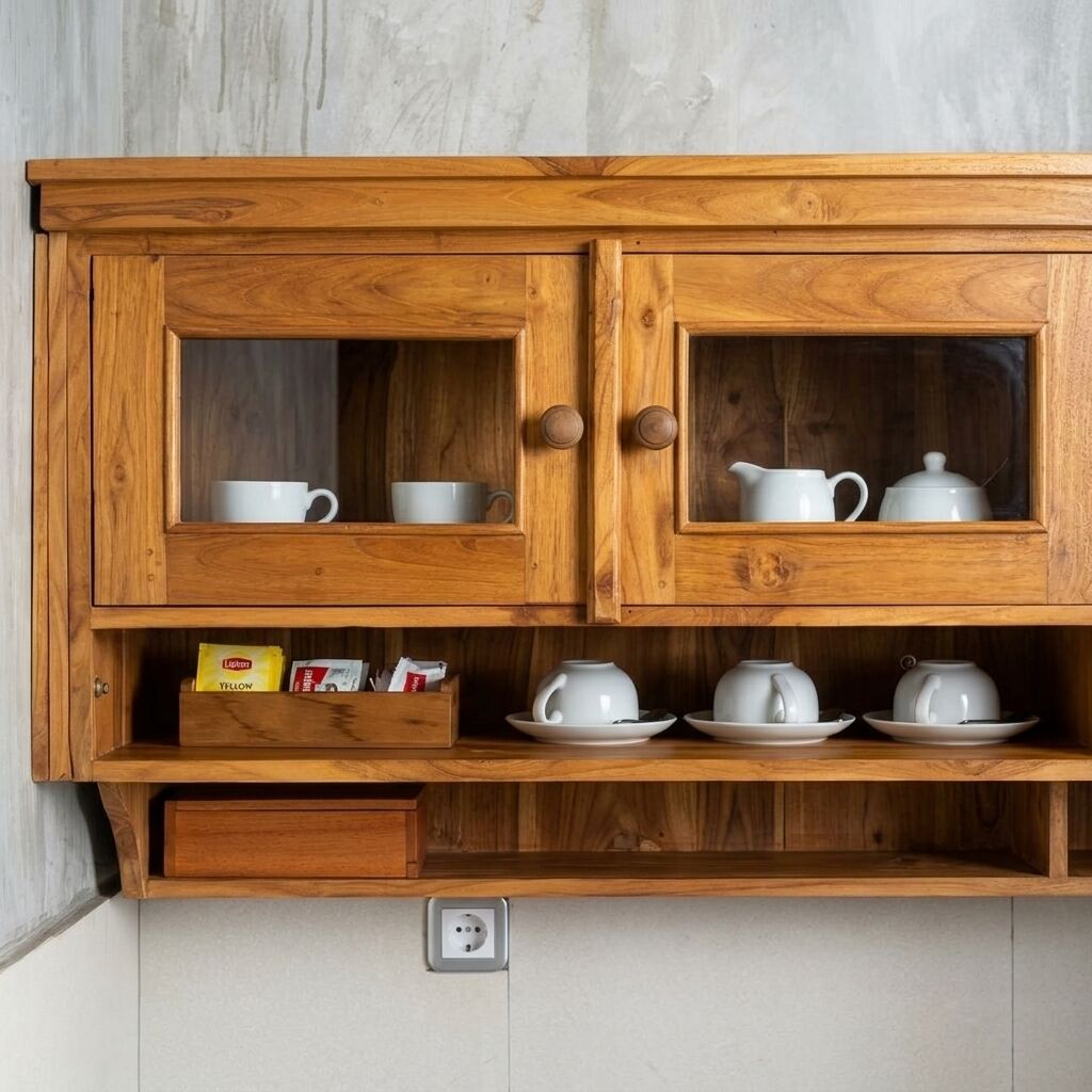 A wooden cabinet with two glass doors, containing white cups and a teapot. Below, there are tea bags and a small drawer.