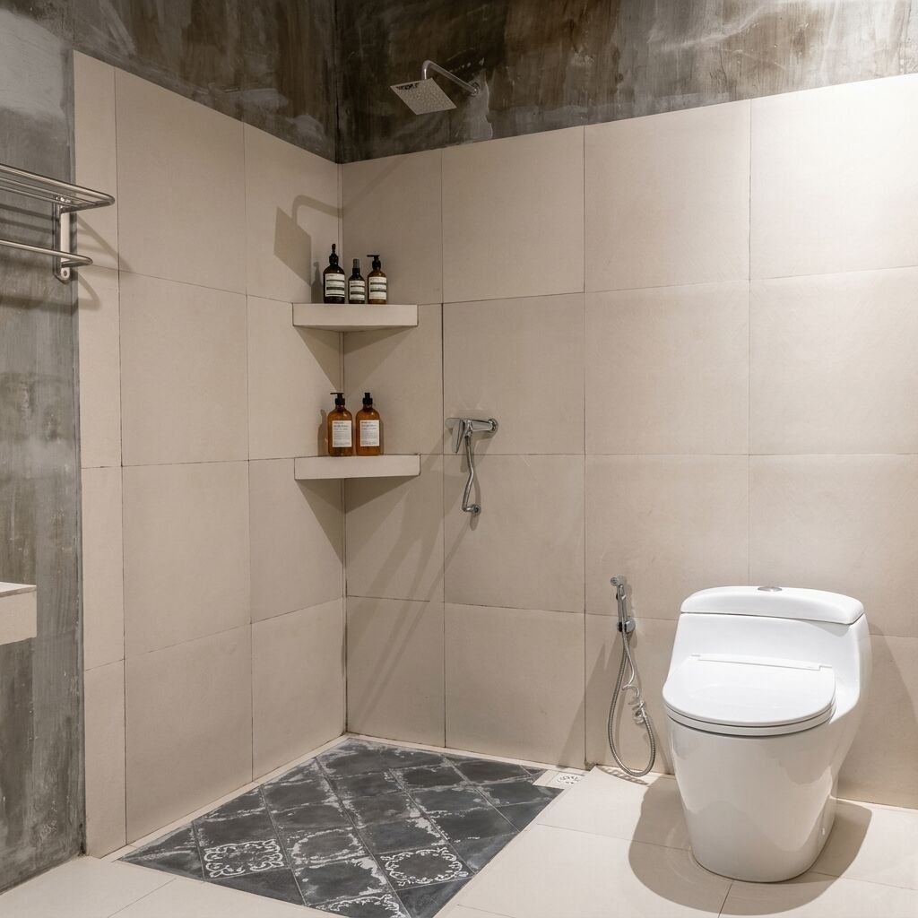 A modern bathroom with a shower, toilet, and storage shelves.