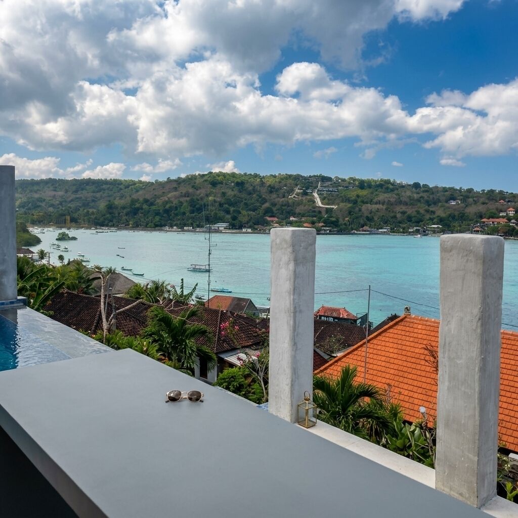 A view from a balcony overlooking a turquoise sea with boats, a hilly landscape, and a red-roofed building in the foreground.