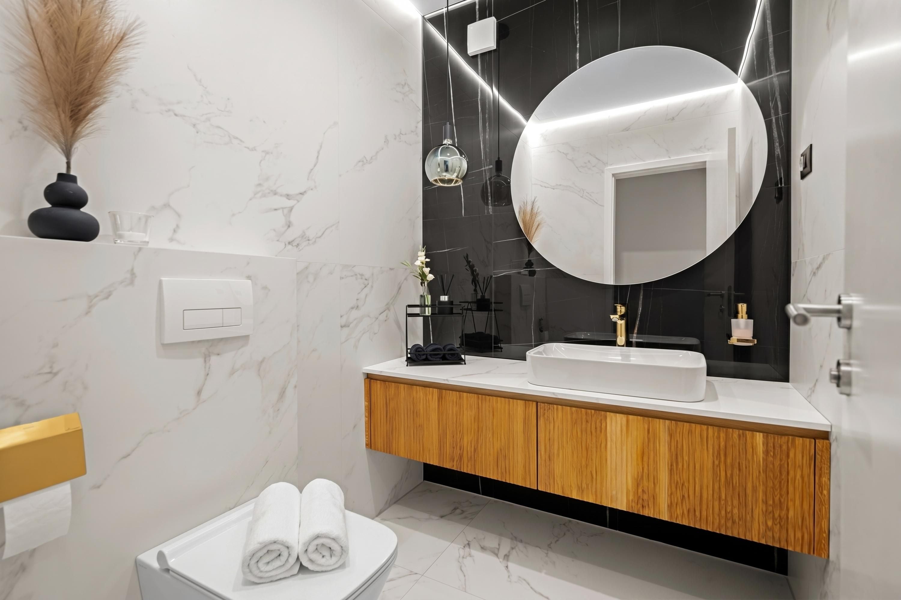 A modern bathroom with a marble vanity, a round mirror, and a toilet with towels.
