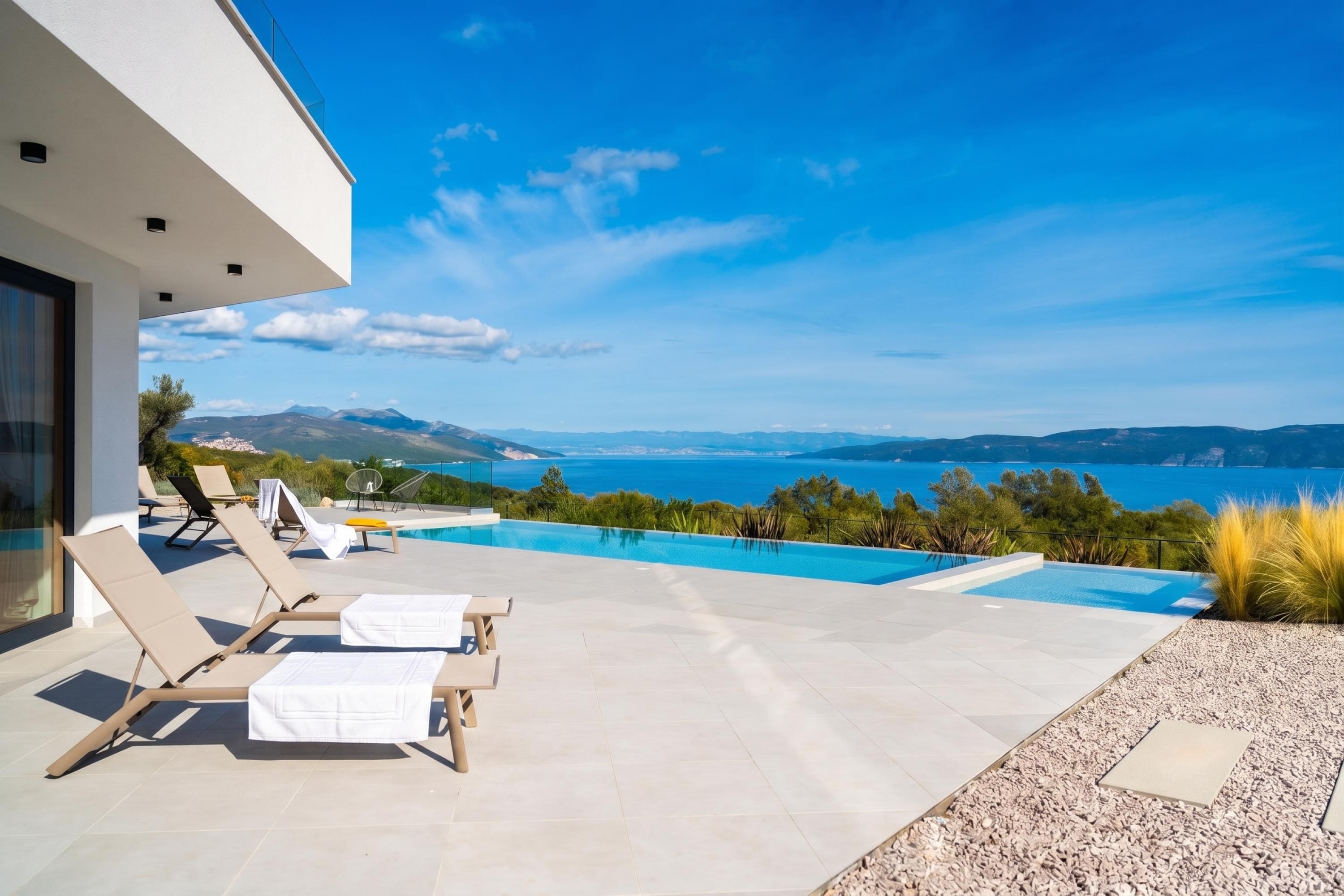 Zona de piscina exterior moderna con sillas de descanso y vistas al mar.