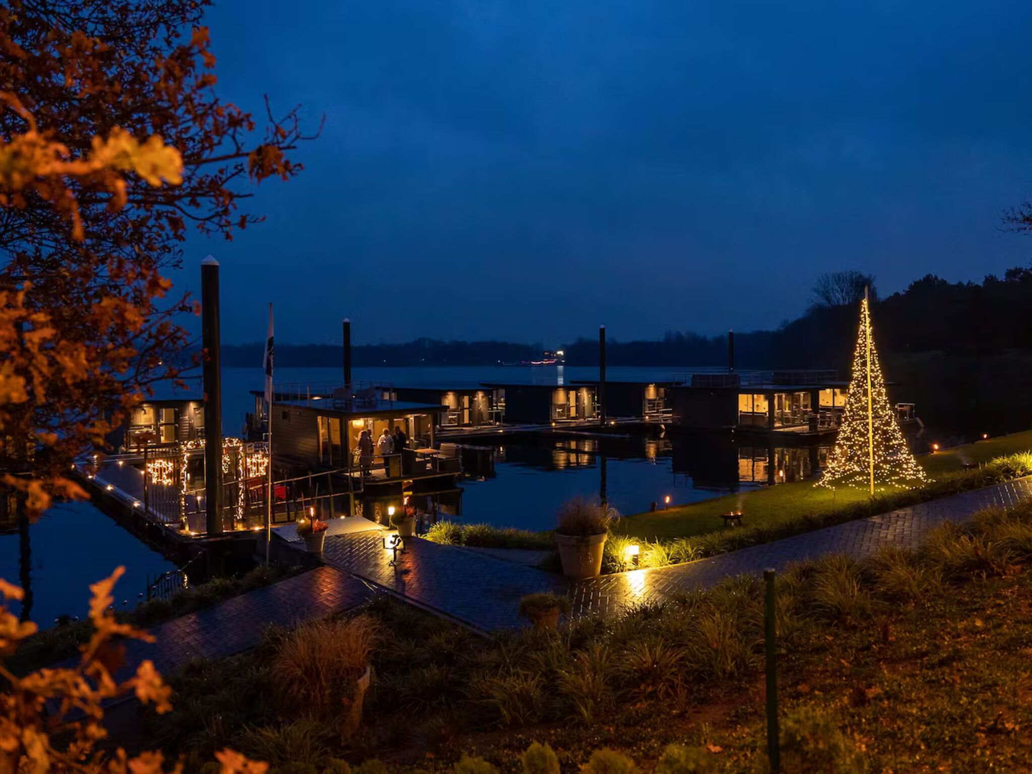 A waterfront property with multiple buildings, a dock, and a Christmas tree.