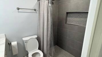 Hair dryer, towels, soap, shampoo