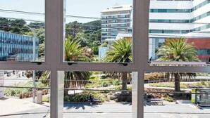 A view through a window with a bus stop and palm trees in the foreground, and buildings in the background.