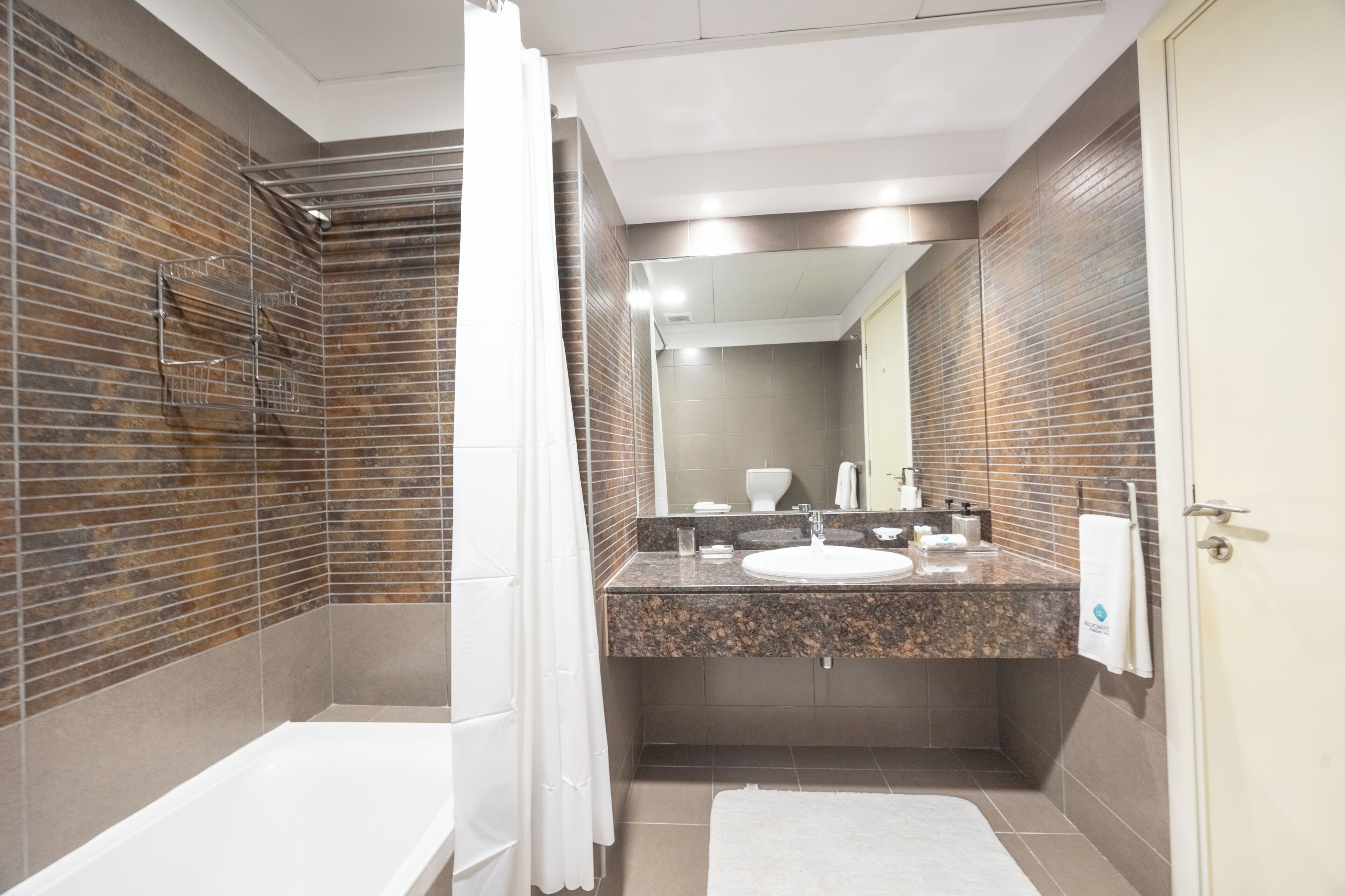 A modern bathroom with a shower, a sink, and a mirror.